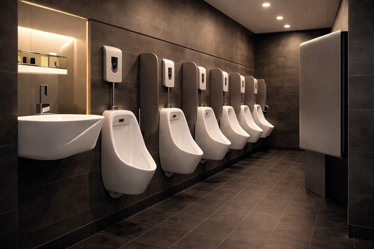High-traffic commercial restroom with coordinated flush systems designed for airports, stadiums, campuses, and healthcare buildings